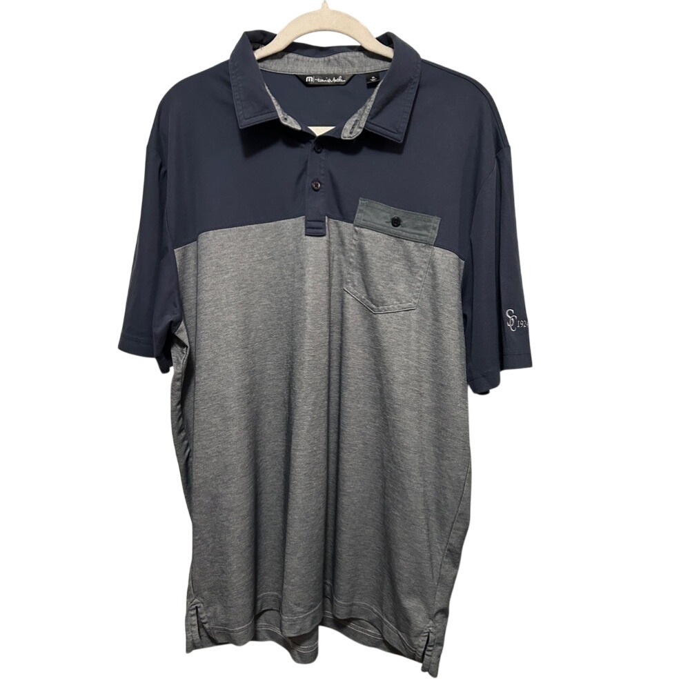 Travis Mathew Mens XL Golf Polo Shirt Blue Chambray Pocket Color Block Sleeve SC
